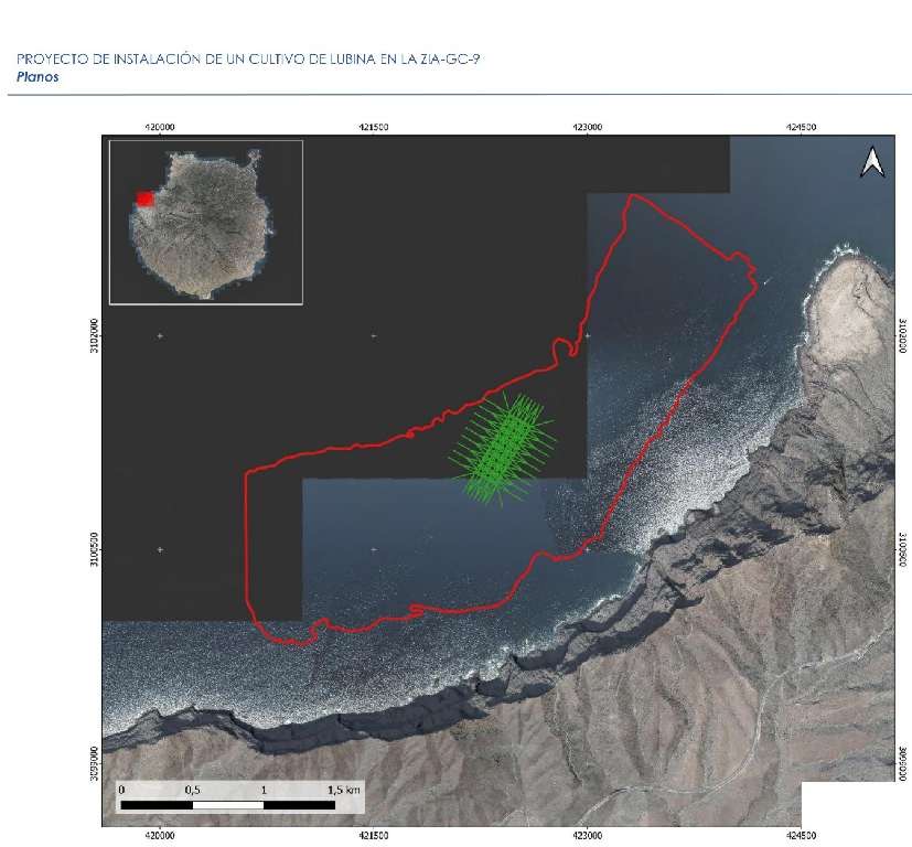 Plano del proyecto de cultivo de lubina en la zona ZIA-GC-9, frente al litoral de La Aldea de San Nicolás y Artenara